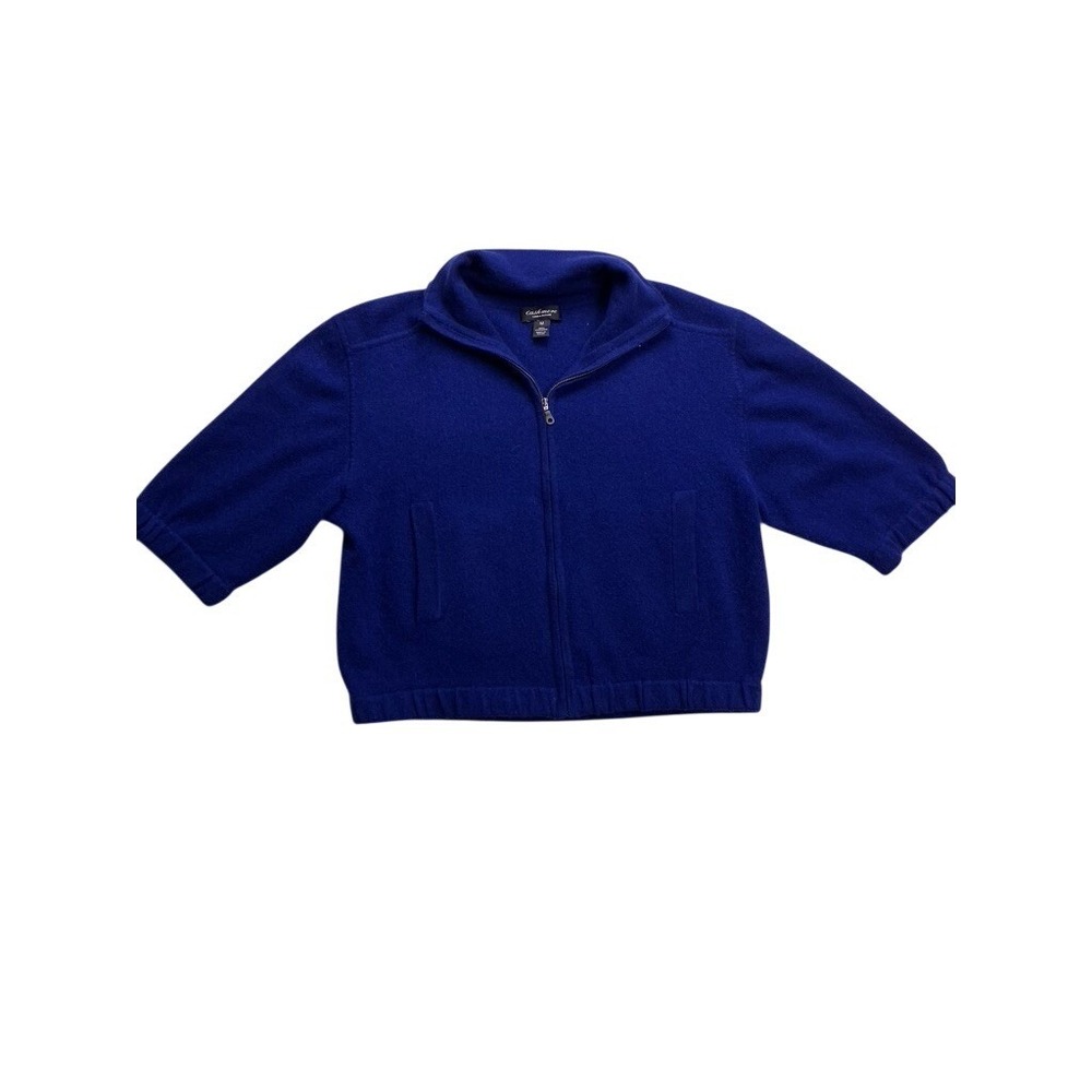 Lord & Taylor Full Zip Sweater Womens Medium Blue 100% Cashmere‎ Short Sleeve